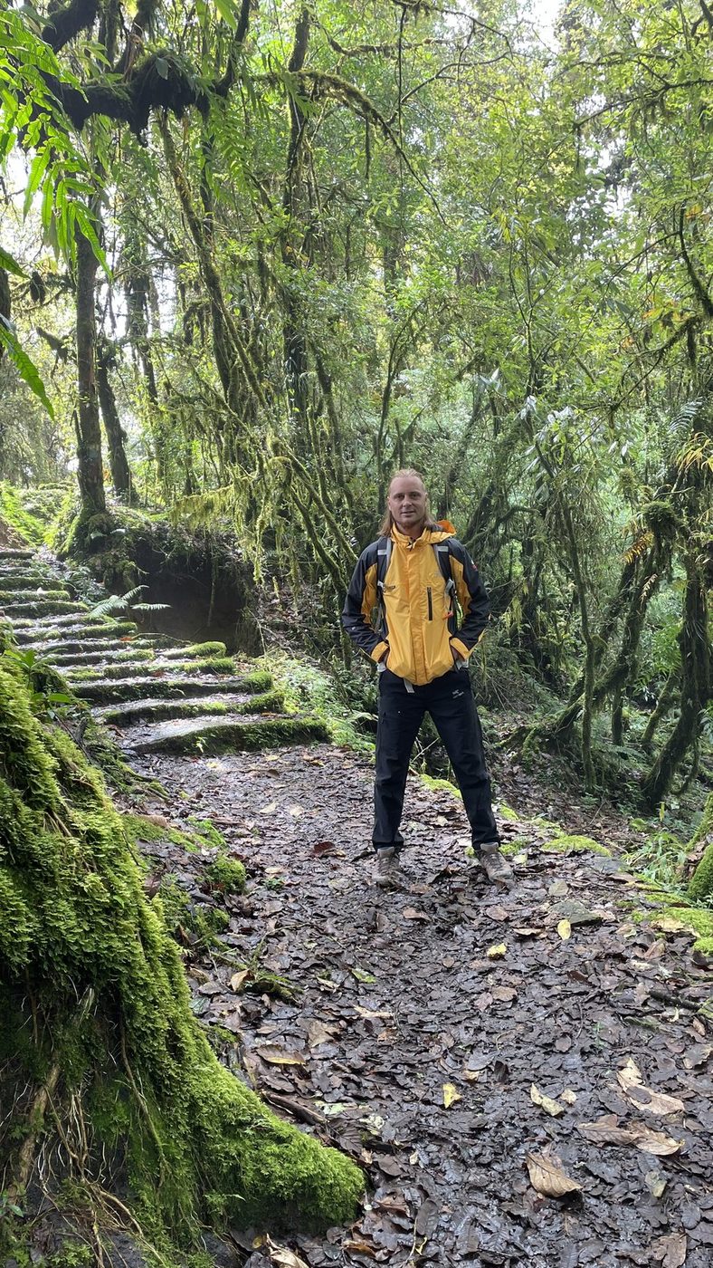 A trekker in a yellow jacket standing on old mossy stone steps in the forest
