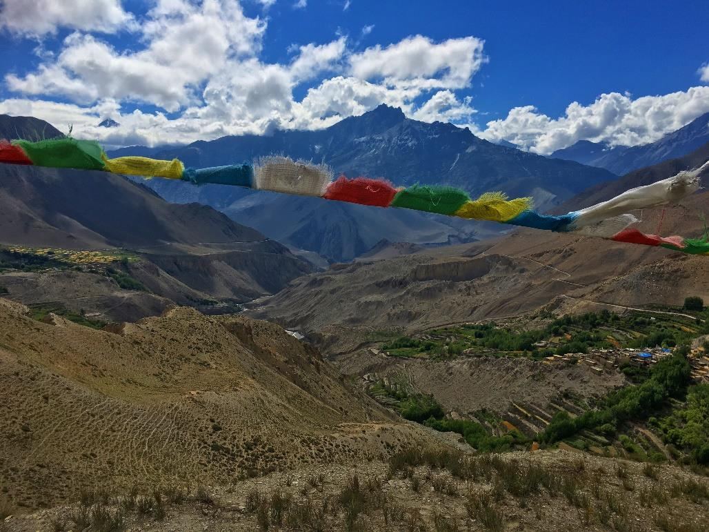 Prayer flags above a Himalayan valley