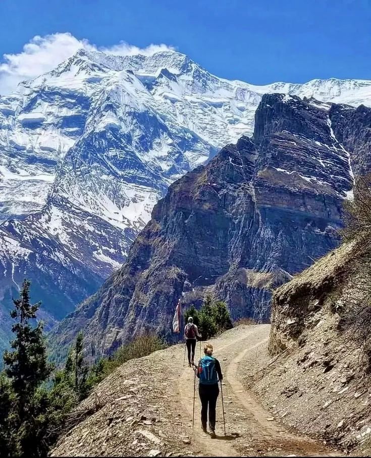 Two trekkers with poles walking a mountain path, with a huge snow face behind them